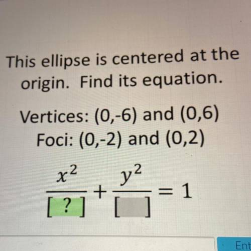 This ellipse is centered at the

origin. Find its equation.
Vertices: (0,-6) and (0,6)
Foci: (0,-2