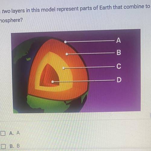 Which two layers in this model represent parts of Earth that combine to form
the lithosphere?