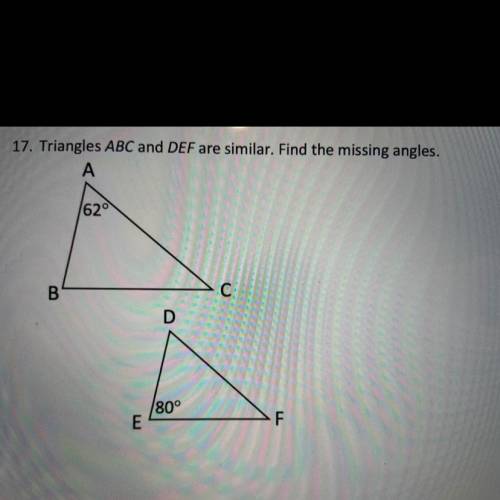 Triangles ABC and DEF are similar. Find the missing angles.

(please show how you got your answer)