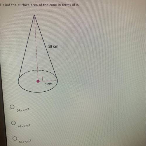 PLEASEEE HELP !!! asap Find the surface area of the cone in terms of x.

54 cm2
49 cm
517 cm2
99cm