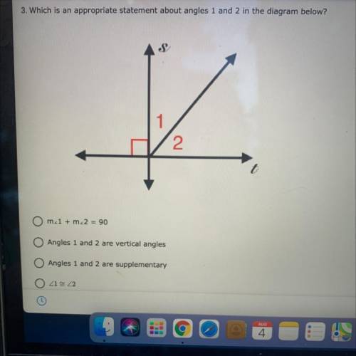 3. Which is an appropriate statement about angles 1 and 2 in the diagram below?