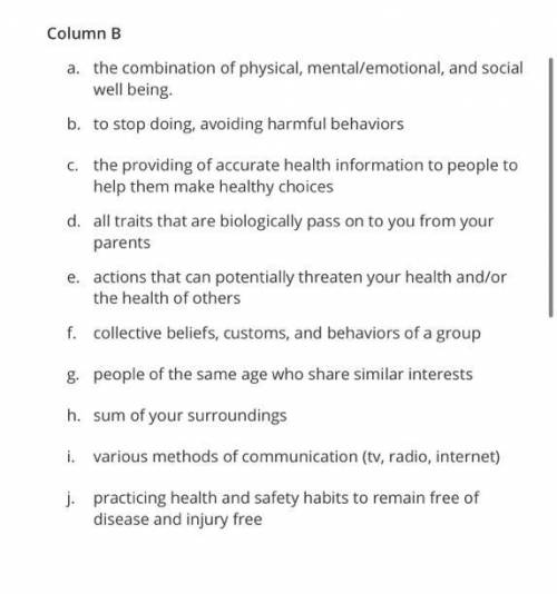 Column A

1.
health: 
health
2.
health education: 
health education
3.
prevention: 
prevention
4.