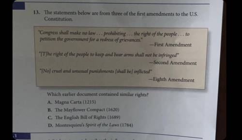 13.The statements below are from three of the first amendments to the U.S.

Constitution.
Congres