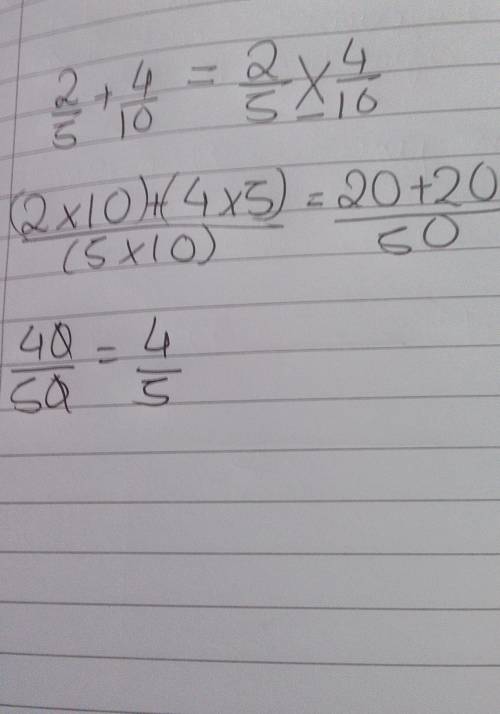 Find the sum of 2/5 and 4/10