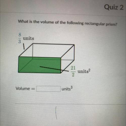 What is the volume of the following rectangular prism?

00
units
21
units?
2
Volume =
units?