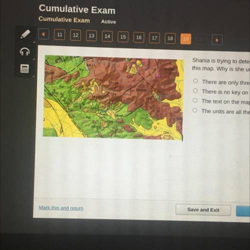 Shania is trying to determine the oldest geologic unit on

this map. Why is she unable to do so?