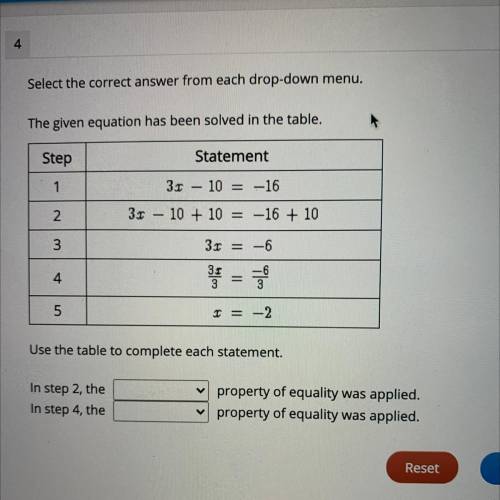 Select the correct answer from each drop-down menu.

The given equation has been solved in the tab