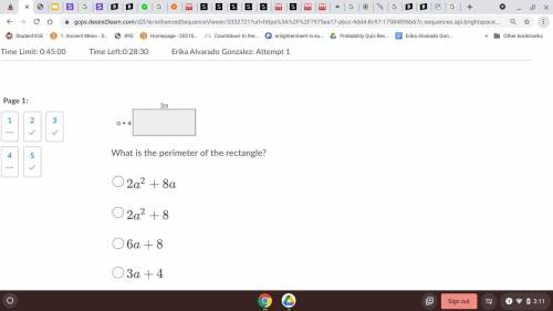 What is the perimeter of the rectangle?

Question 4 options:
2a2+8a
2a2+8
6a+8
3a+4
