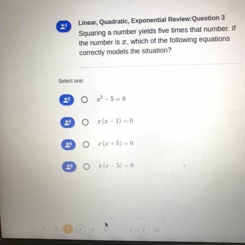 Squaring a number yields five times that number. If

the number is 2, which of the following equat