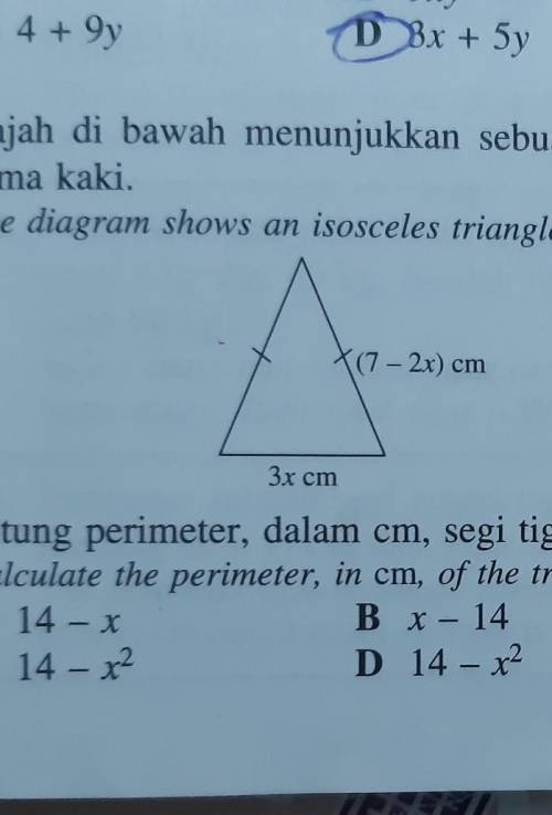 The diagram shows an isosceles triangle. Calculate the perimeter, in cm, of the triangle.

A 14 -