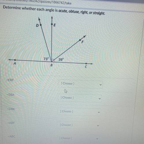 Determine whether each angle is acute, obtuse, right, or straight.
(In picture)