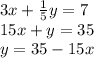 3x +  \frac{1}{5} y = 7 \\ 15x + y = 35 \\ y = 35 - 15x