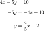 \begin{aligned}4x-5y &= 10\\[0.5em]-5y &= -4x+10\\[0.5em]y &= \dfrac{4}{5}x-2\endaligned}