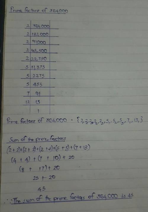 Find the sum of all the different prime factors of 364,000