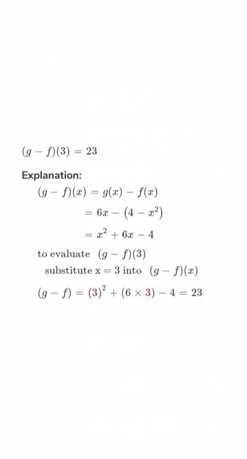 F f(x) = 4 – x2 and g(x) = 6x, which expression is equivalent to (g – f)(3)?

6 – 3 – (4 + 3)2
6 –