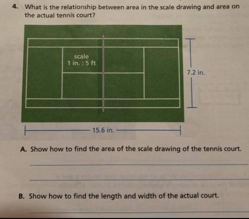 After answering A. and B. show how to find the area of the actual tennis court.