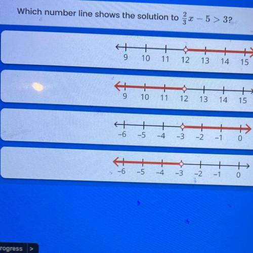 2/3 x - 5>3 which number line shows the solution?