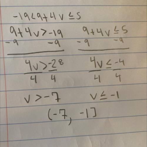 -19 ≤ 9 + 4 v ≤ 5
Show work. I give Brainliest!