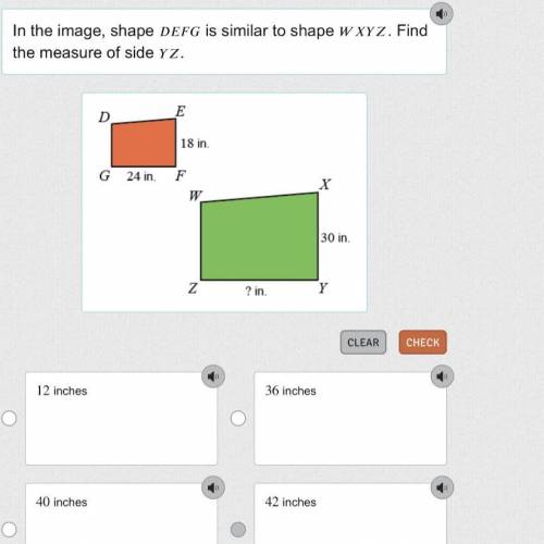 In the image, shape

D
E
F
G
is similar to shape 
W
X
Y
Z
. Find the measure of side 
Y
Z
.