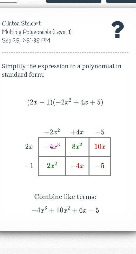 Simplify the expression to a polynomial in standard form: (x-2)(x^2+7x+4). here's an example: