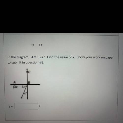 In the diagram, AB I BC. Find the value of x. Show your work on paper

to submit in question #8.
B