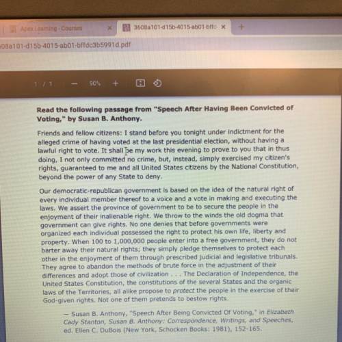 How does Anthony present her claim in the speech?

A. She states it in the first paragraph.
B. She