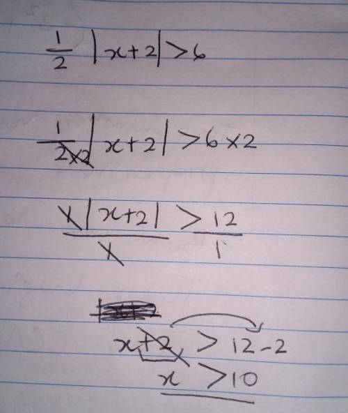 SOLVE EACH EQUATION CHECK FOR EXTRANEOUS SOLTUIONS.

3|x+10|=6
SOLVE EACH INEQUALITY GRAPH THE SOLU
