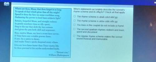 which statements accurately describe the sonnet's rhyme scheme and its effects? check all that appl