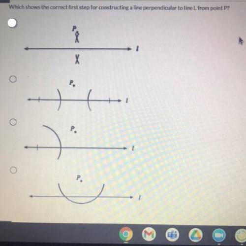 Which shows the correct first step for constructing a line perpendicular to line L from point P?