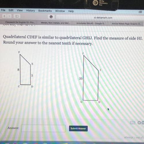Quadrilateral CDEF is similar to quadrilateral GHIJ. Find the measure of side HI.

Round your answ