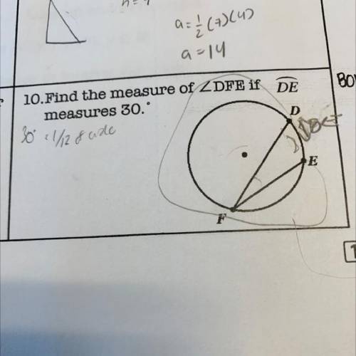 Find the measure of angle DFE if Arc DE measures 30