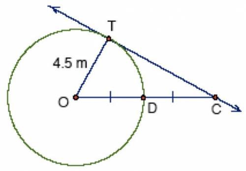 A circle with centre O and radius 4.5 m has a tangent drawn at T as shown in the diagram. If OD = D