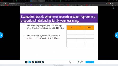 Evaluation: Decide whether or not each equation represents a proportional relationship. Justify you
