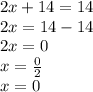 2x+14=14\\2x=14-14\\2x=0\\x=\frac{0}{2}\\x=0
