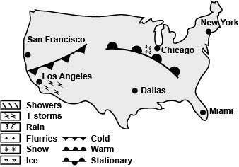 Based on the weather map, state the direction of the warm front. Using complete sentences predict t