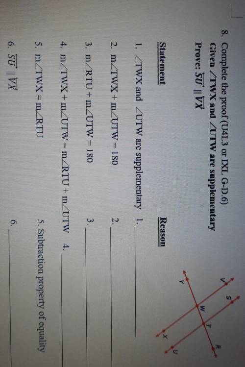 Complete the proofs 1-6

please help! no links! I dont get it :/ 1. < TWX and < UTW are supp