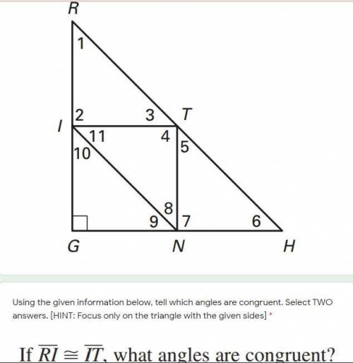 HELP PLEASE !!!

Which angles are congruent 
if RI ≅ IT, what angles are congruent? 1, 2, or 3? 
*
