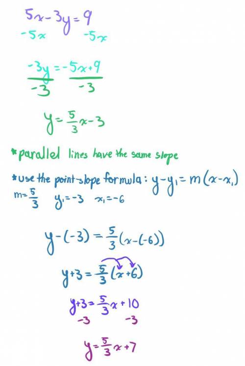 What is the equation of line that passes through(-6,-3) and is parrelel to the line 5x-3y=9