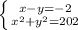 \left \{ {x-y=-2\atop {x^2+y^2=202