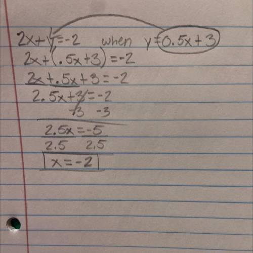 Solve 2x+y=-2 when y=0.5x+3