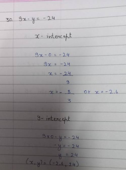 Find the x and y intercept of the following equation:9x-y = -24