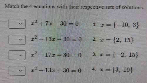 Match the 4 equations with their respective sets of solutions.