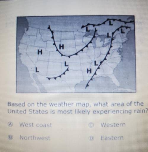 Based on the weather map, what area of the United States is most likely experiencing rain? A.West c