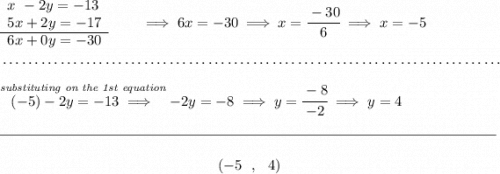 \begin{array}{llll} x~-2y=-13\\ 5x+2y=-17\\ \cline{1-1} 6x+0y=-30 \end{array}\qquad \implies 6x=-30\implies x=\cfrac{-30}{6}\implies x=-5 \\\\[-0.35em] ~\dotfill\\\\ \stackrel{\textit{substituting on the 1st equation}}{(-5)-2y=-13\implies }-2y=-8\implies y = \cfrac{-8}{-2}\implies y = 4 \\\\[-0.35em] \rule{34em}{0.25pt}\\\\ ~\hfill (-5~~,~~4)~\hfill