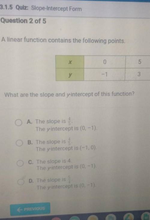 A linear function contains the following points. X 0 5 у - 1 3 What are the slope and y-intercept o