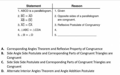 Carmen is given a parallelogram and is trying to prove that the opposite angles of a parallelogram