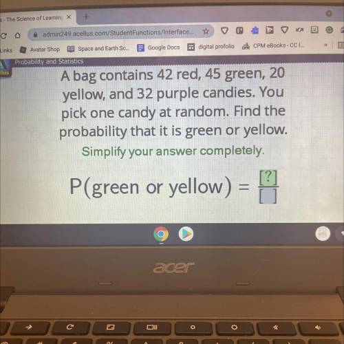 A bag contains 42 red,45 green, 20 yellow and 32 purple candies you pick one candy at random find t