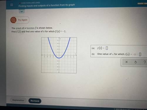 PLEASE HELP! the graph of a function f is shown below. find f(2) and find one value of x for which