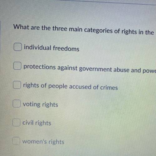 What are the three main categories of rights in the Bill of Rights?
Someone please help