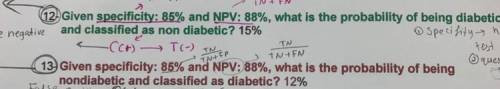 Given specificity : 85 % and NPV : 88 % , what is the probability of being diabetic negative and cl
